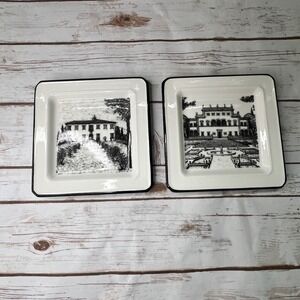 Brunelli‎ 7.5in Plates Cream Black Italian Villa Sketch Set of 2